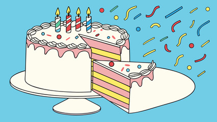 Illustration of a layered cake with candles and a slice removed on a stand with confetti around it