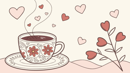 Aesthetic coffee cup with heart details and flowers, surrounded by floating hearts on a light background
