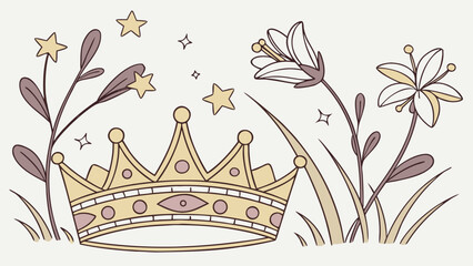 Aesthetic illustration of a crown surrounded by flowers stars and foliage on a light background