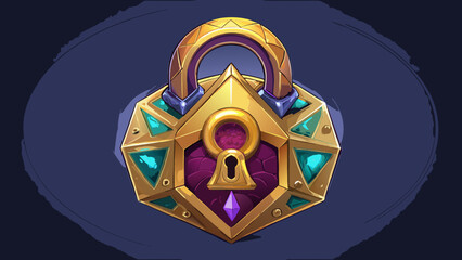 Illustration of a golden padlock with purple and green accents on a dark blue background artfully rendered