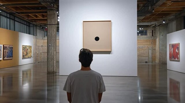 A young man stands in a contemporary art gallery, observing a minimalist painting with a single black dot on a light beige background.  The gallery features exposed brick columns and high ceilings
