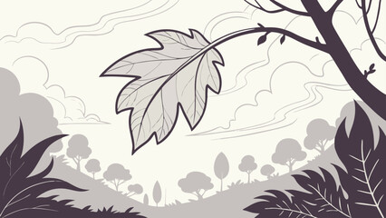 Illustration of a single leaf hanging from a branch against a landscape background with clouds and trees
