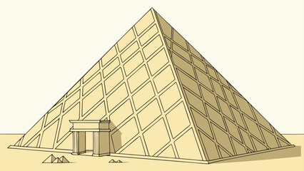 Illustration of a large pyramid with a patterned surface and a small entrance structure at the base
