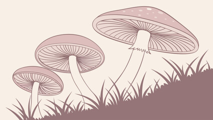 Illustration of three mushrooms of varying sizes growing in a grassy area with a light background