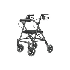 A gray four-wheeled walker with a seat and hand brakes is isolated on a white background, providing mobility assistance.