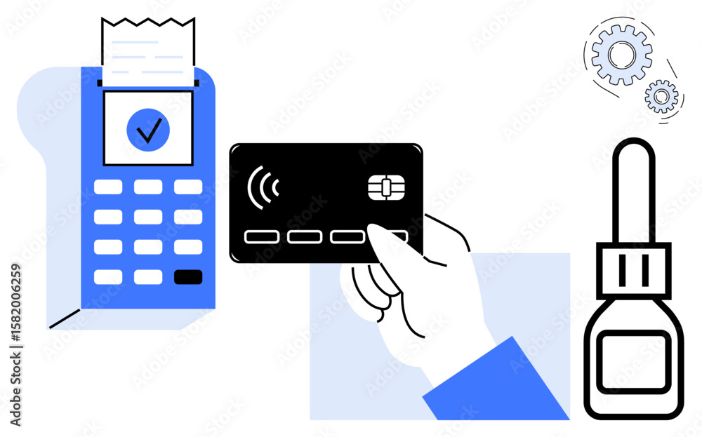 Poster hand holding card near pos terminal with receipt and verification, surrounded by payment tools and t