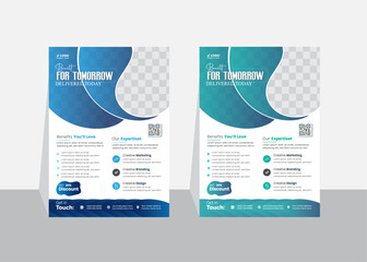 Modern creative A4-sized business flyer design template layout with organic green and blue shapes