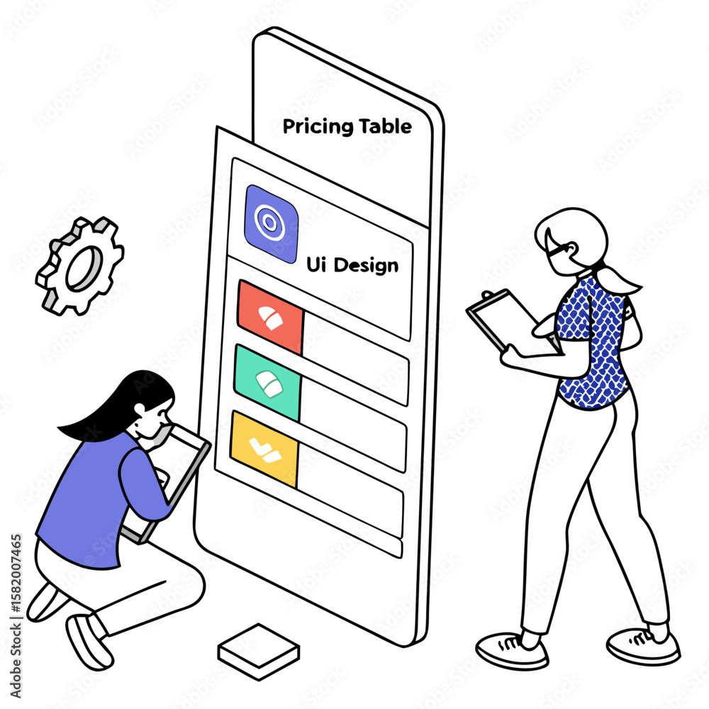 Poster people reviewing a pricing table ui design on a mobile phone with gear and block isometric illustrat