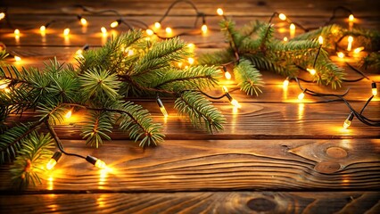 Warm glowing Christmas lights draped over fir branches on a wooden surface pine branch christmas decoration