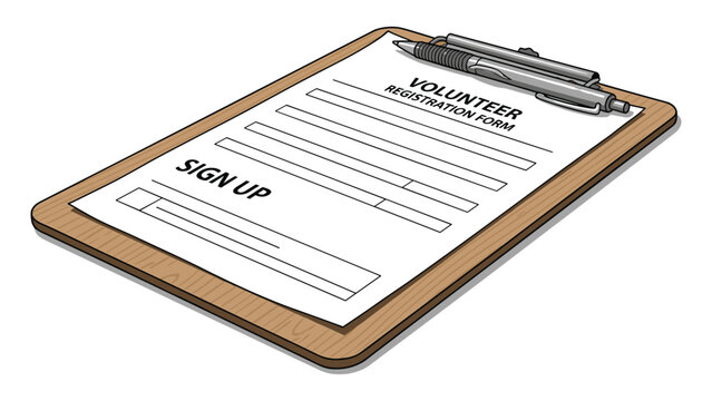 Volunteer Registration Form on Clipboard with Pen, Sign Up Sheet Graphic Illustration