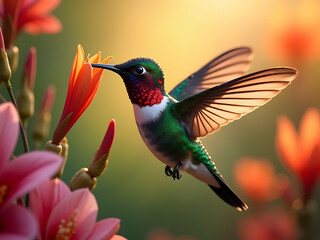 Naklejka premium Vibrant Hummingbird Amidst Floral Splendor, A Detailed Close-Up Displaying Nature's Intricate Beauty and Delicate Flight