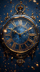 Antique gold clock face with roman numerals and blue background