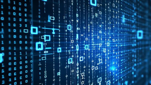 Abstract digital data flow with binary code and glowing blue squares on a dark background