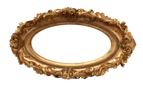 Angled Oval Baroque Frame with Acanthus Details, Three-Quarter Side View, Isolated on Transparent Background