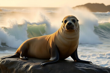 Sea Lion basking on a rocky outcrop against the backdrop of the ocean's majestic waves in a vibrant coastal setting