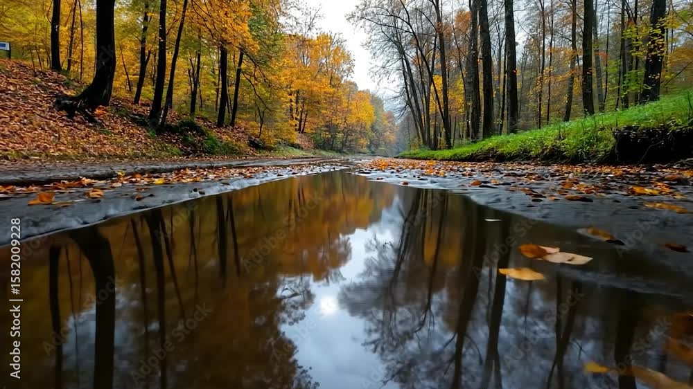 Poster autumn leaves floating on a puddle reflecting the colorful trees, creating a serene and tranquil atm