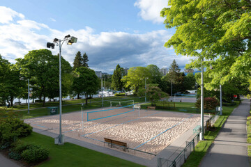 Beautiful beach volleyball court surrounded by lush green trees and clear blue sky, inviting outdoor activity and relaxation