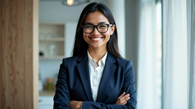 Confident Indian businesswoman in navy blazer and glasses exudes corporate leadership in a bright office setting, showcasing empowerment in stunning 4k.