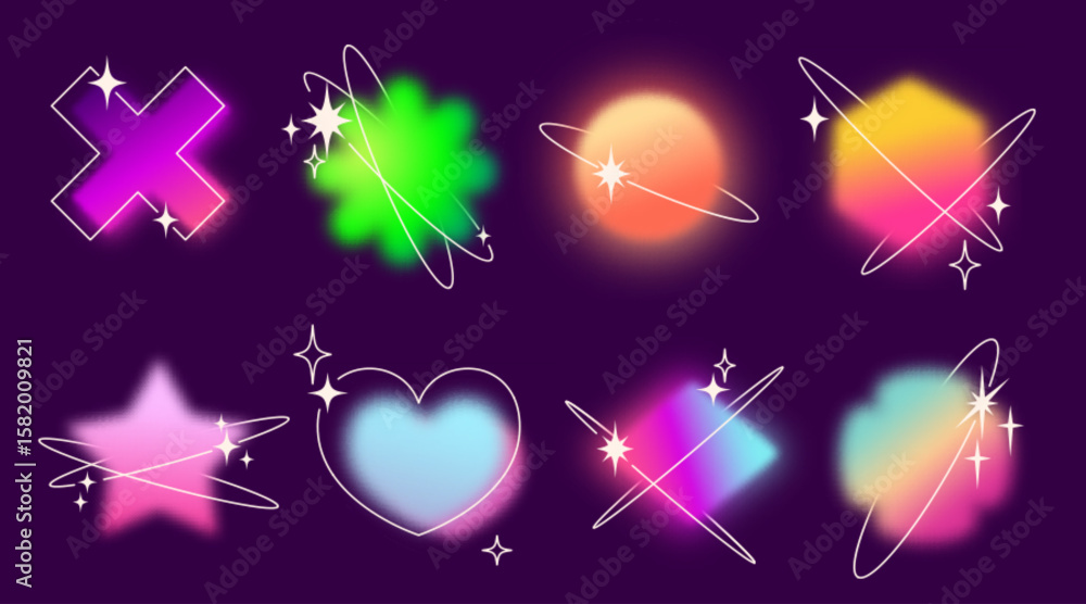 Poster y2k gradient shape set with glowing blur effects - rhombus and hexagon, flower and heart, cross and 