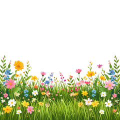 Fototapeta premium Vibrant floral border with various colorful flowers and green grass isolated on transparent background. Nature-themed clipart.