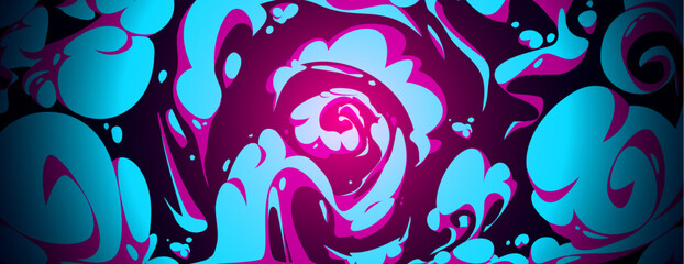 Abstract smoke cloud art with vibrant comic style - swirling blue and pink shapes, fluid motion patterns on dark background. Psychedelic vapor forms create spiral dynamic energy flow for anime design