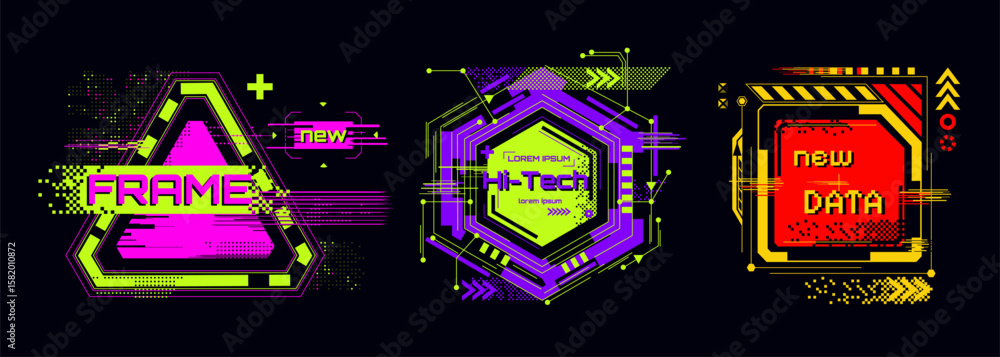 Fototapete cyberpunk glitch frame set with neon colors - futuristic hi tech borders with digital distortion eff