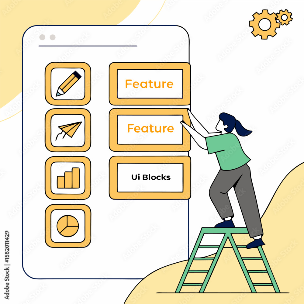 Aufkleber woman on ladder interacting with ui elements on a device screen with features and ui blocks displaye