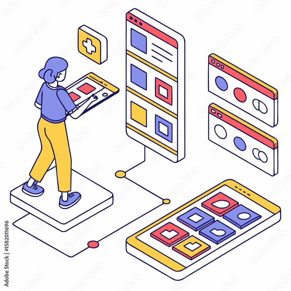 Aufkleber isometric illustration of a woman interacting with multiple digital screens and mobile application i