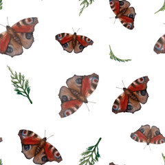Flying butterflies with branches. Seamless pattern on white background