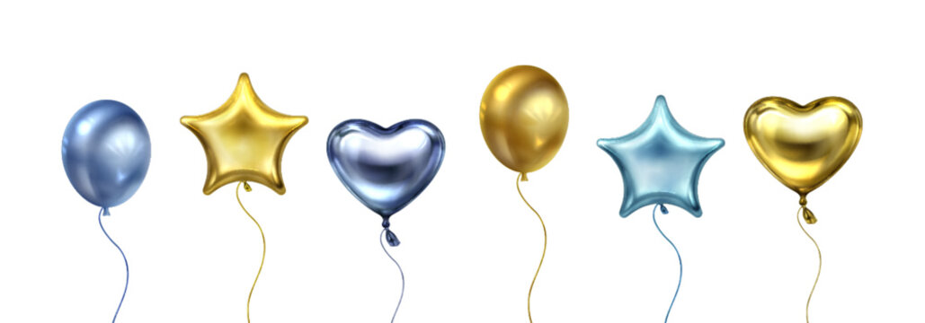 Metallic 3d balloon set - glossy gold and silver foil party decorations of heart, star and round shapes. Floating ballons with strings for birthday celebration, wedding or festive event design.