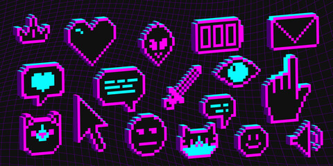 Naklejka na ściany i meble Retro pixel art 3d emoticon set - neon purple digital communication icons with glowing effect. Gaming style social media elements, chat symbols, reactions for ui design. Cyberpunk aesthetic interface