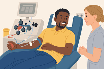 smiling donor talking with healthcare worker at blood donation center illustration clipart