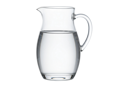 Clear glass pitcher filled with fresh water isolated on transparent background