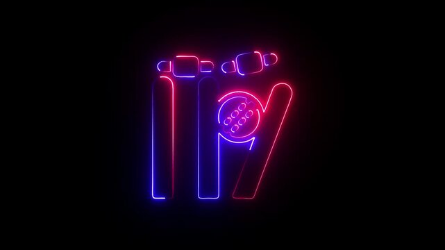 Neon Glow of Abstract Baseball Iconography with Bat, Ball, and Stumps, Illuminated in Red and Blue Against a Dark Background, 
