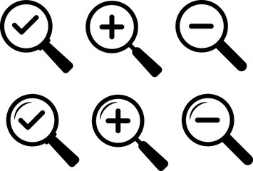  Search icon set. zoom in and zoom out icons. magnifier with plus and minus. Magnifier or loup with check mark sign. symbolizing search and investigation.