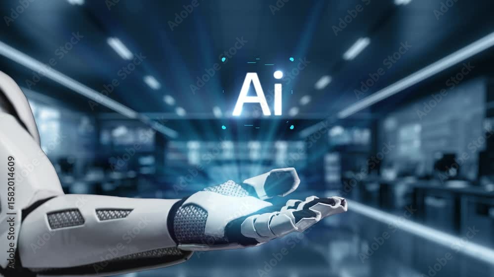 Poster a sleek robotic arm showcases an ai chatbot concept with a glowing digital interface. the modern set