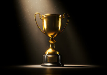 Fototapeta premium Golden Trophy on Black Background with Dramatic Spotlighting | Award Symbol for Success, Achievement, and Recognition Marketing