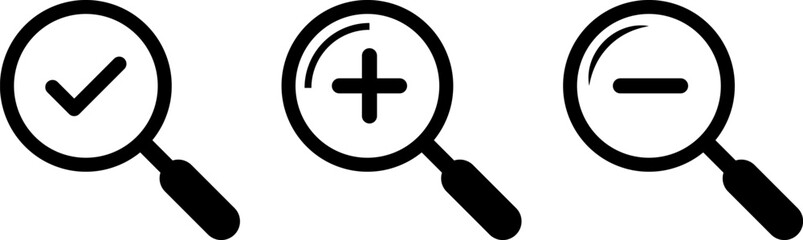 Fototapeta premium Search icon set. zoom in and zoom out icons. magnifier with plus and minus. Magnifier or loup with check mark sign. symbolizing search and investigation.