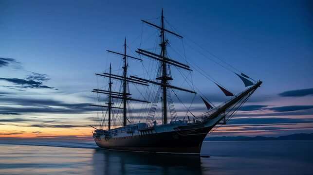 A magnificent old sailing ship with towering masts glides across the tranquil sea at sunset, a truly nautical vessel high regulation video short 