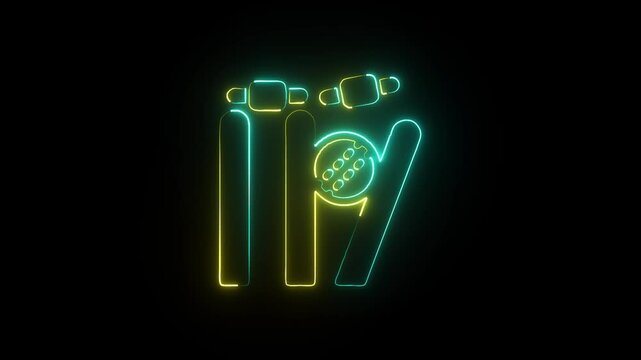 Neon Glow of Abstract Baseball Iconography with Bat, Ball, and Stumps, Illuminated in yellow and aqua Against a Dark Background, 