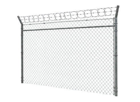 Chain link fence section with barbed wire topping isolated on transparent background