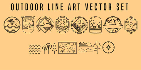 landscape logo badge line art outdoor adventure labels and patches vector collection