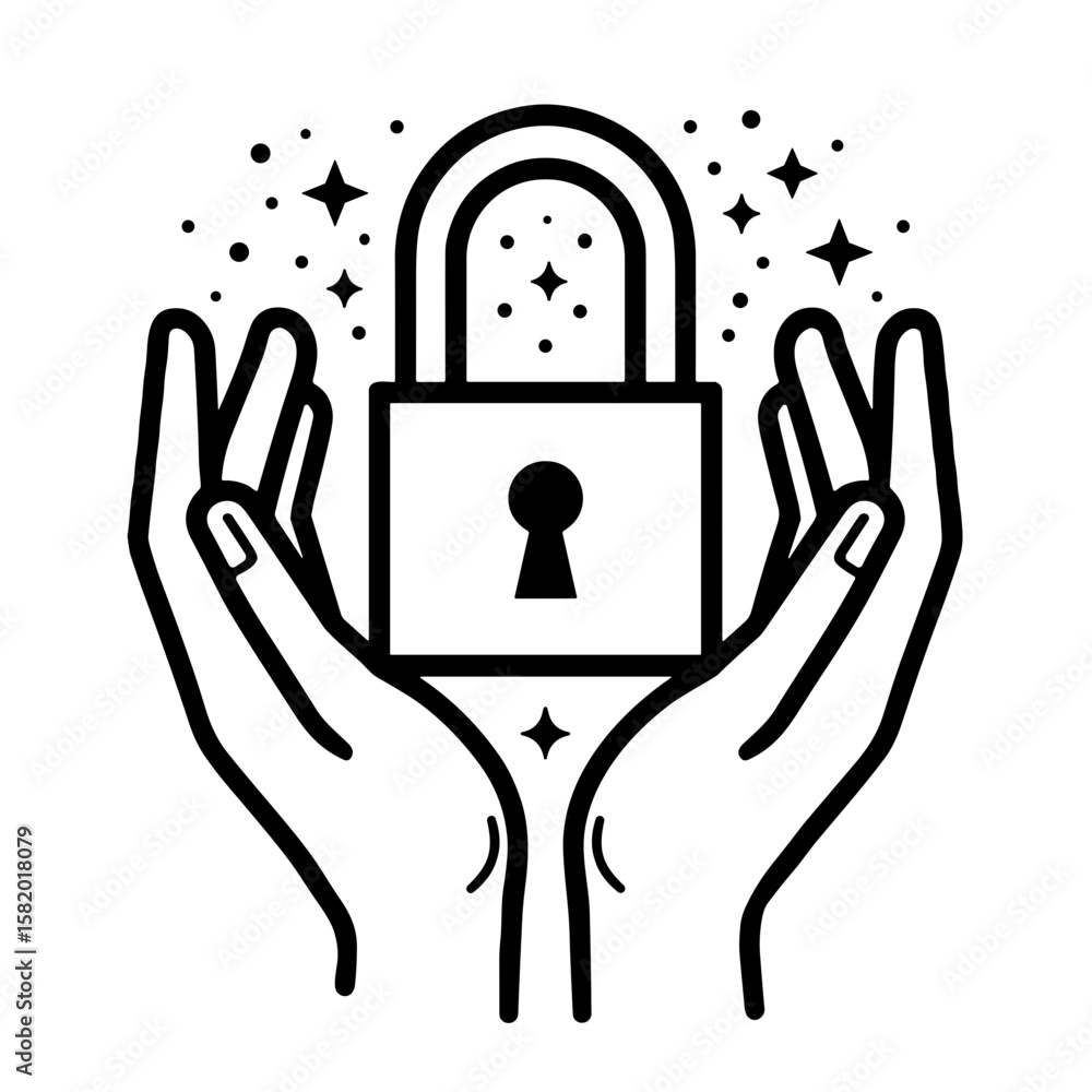 Poster hands holding a padlock with stars in minimalistic line art style