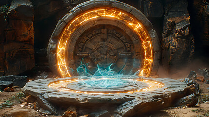 Mysterious ancient portal with glowing energy in rocky cave