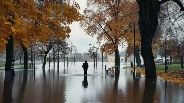 Walking through a flooded park with vibrant autumn leaves during heavy rain, POV of person walking through flooded park during rainfall, Jelgava, Latvia