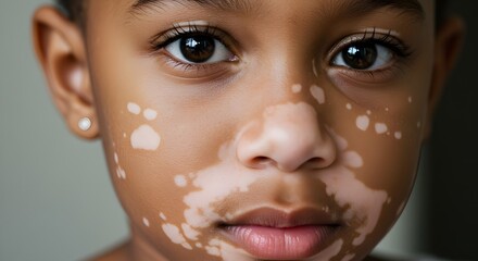 Beautiful young girl with vitiligo showcasing unique skin pigmentation with a close-up, confident gaze into the camera lens