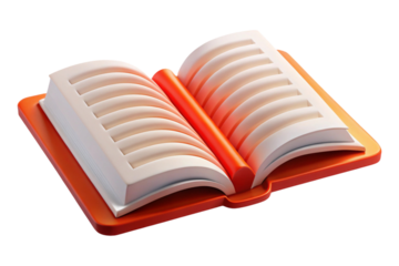 Stylized 3d open book with orange cover and red spine isolated on transparent background
