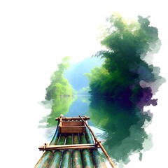 Serene Bamboo Raft Journey Through Lush Green River Landscape.