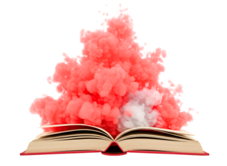 Open book with red and white smoke exploding upwards isolated on transparent background