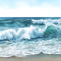 Serene Ocean Waves Crashing on Sandy Shore A Watercolor Painting of Coastal Beauty.